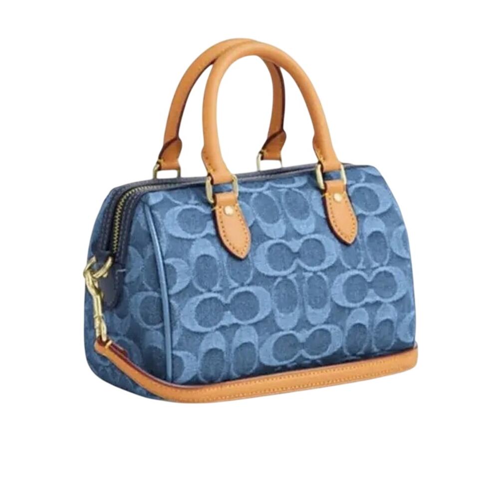Coach Mini Rowan Crossbody Bag in Signature Denim with tan leather trim NWT
